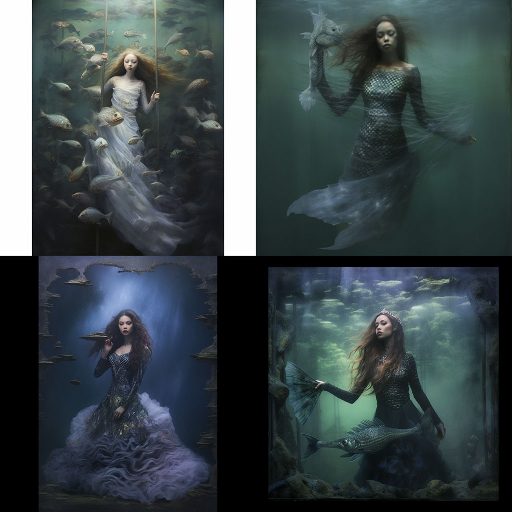 Image of a female mermaid, produced by Midjourney, and showing white borders