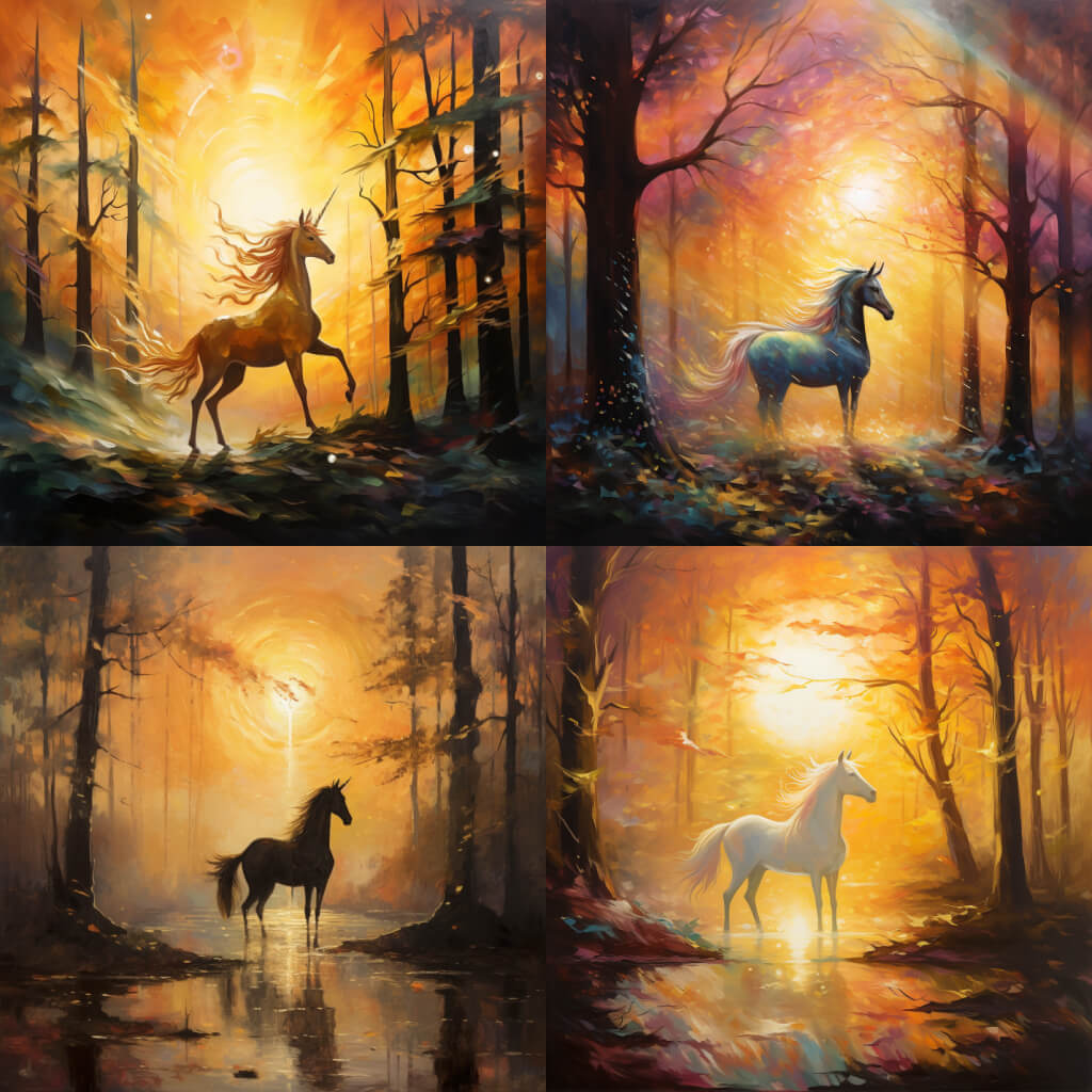 unicorn in a misty forest, seed 2000, created in midjourney
