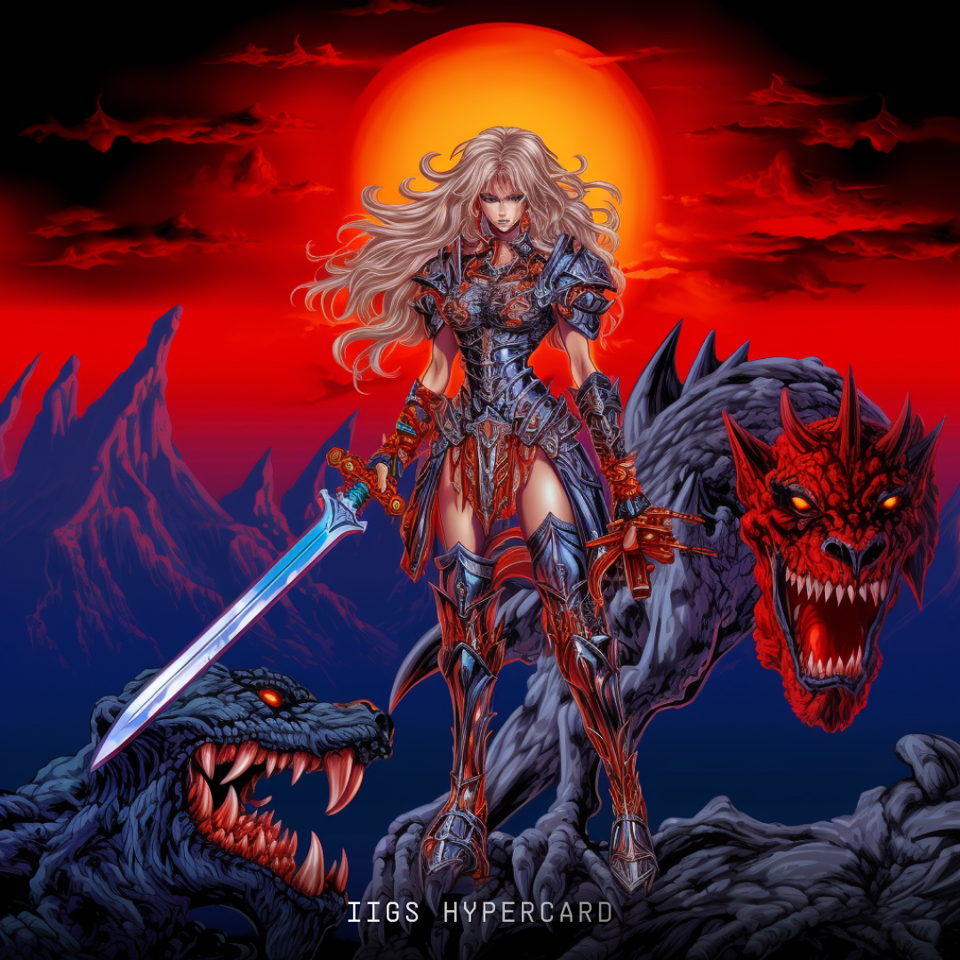 Image of a female demon warrior, produced by Midjourney, using the design software style keyword IIGS HyperCard