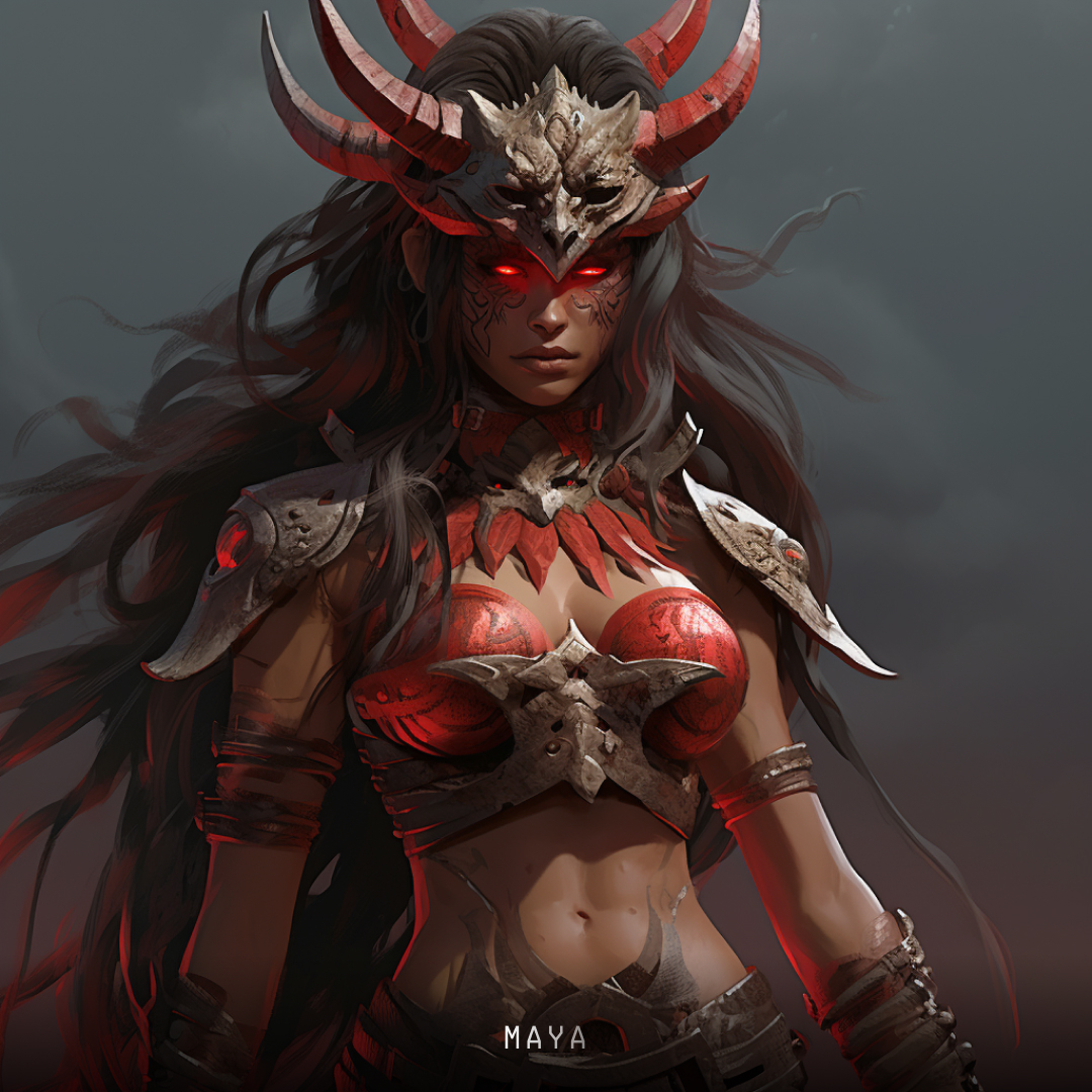 Image of a female demon warrior, produced by Midjourney, using the design software style keyword Maya